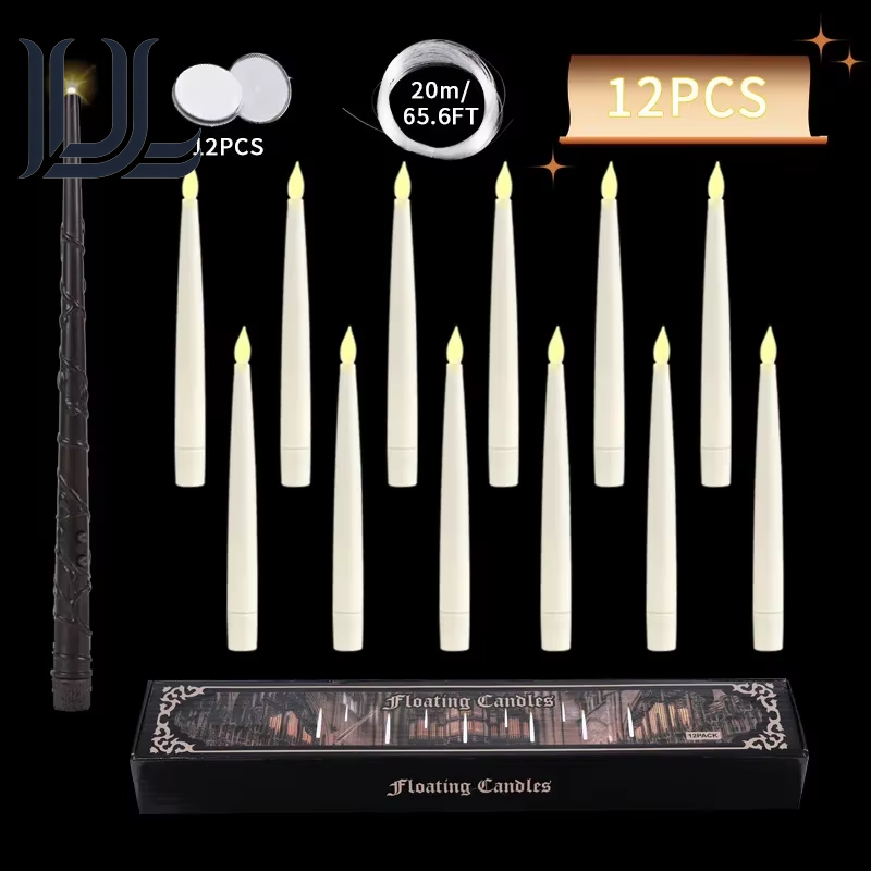12/10 PCS LED Floating Candles with Magic Wand Flameless Flying Candle Flickering Burning Candles for Wedding Holiday Decoration