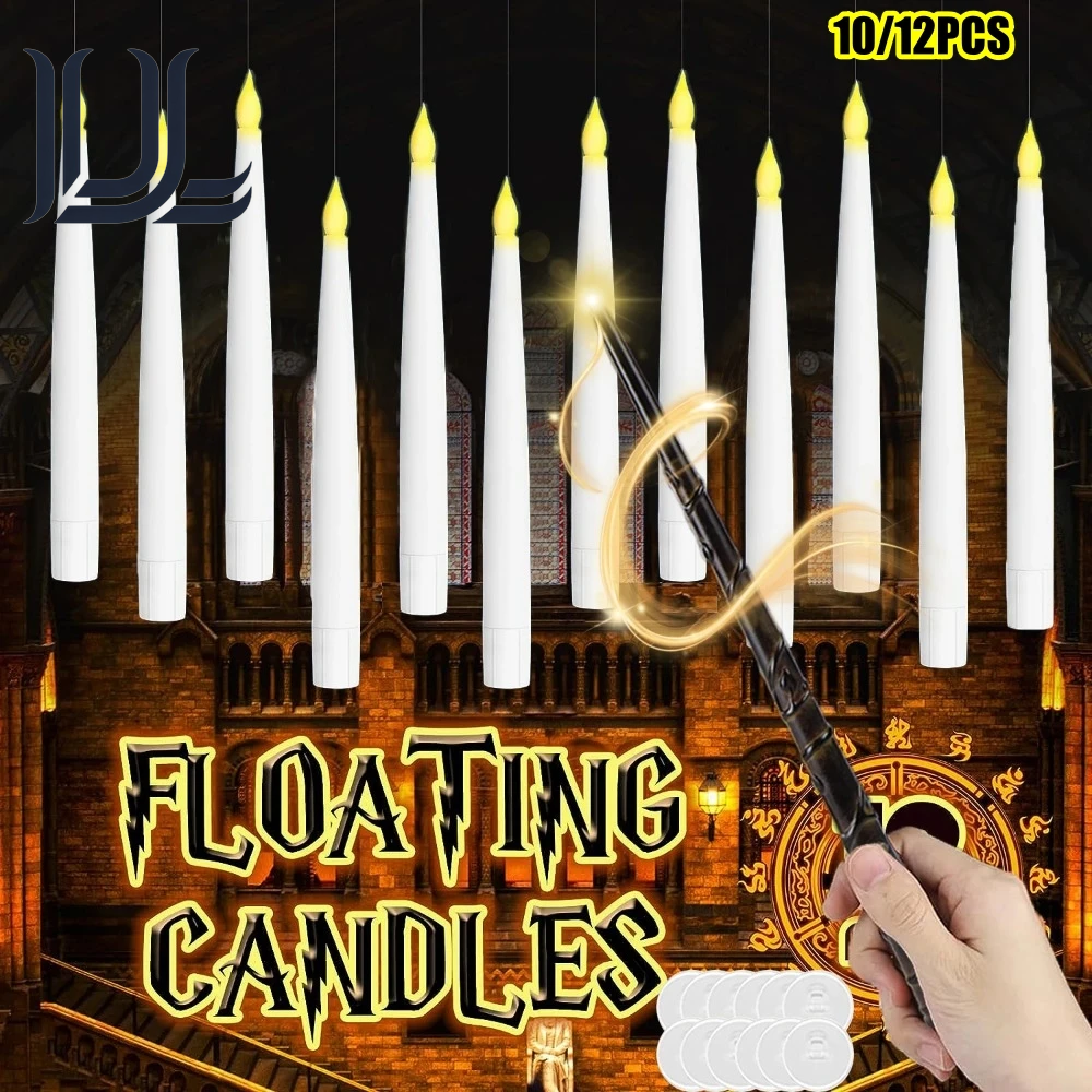 12/10 PCS LED Floating Candles with Magic Wand Flameless Flying Candle Flickering Burning Candles for Wedding Holiday Decoration