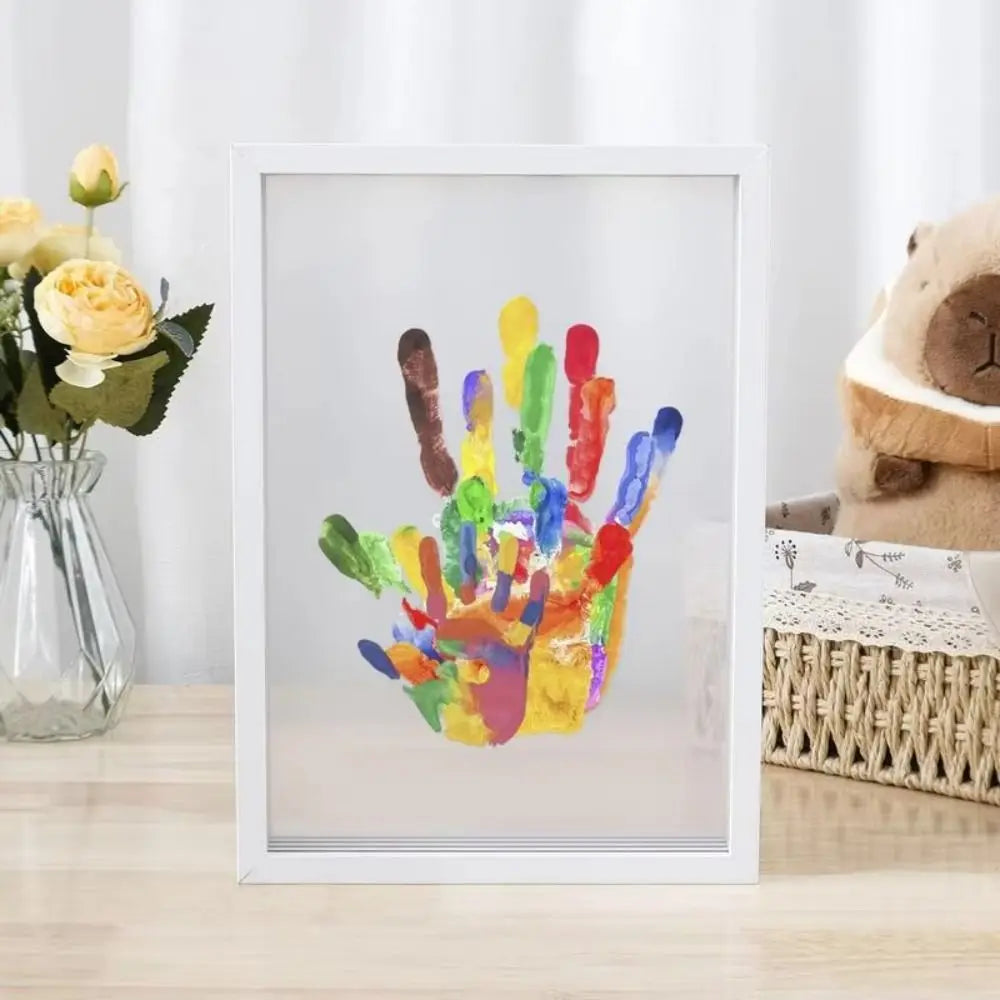 Durable Wooden Frame Handprint Photo Frame Kit Family Handprint Kit Transparent Photo Frame with 6 Paints Pen Eraser Paintbrush